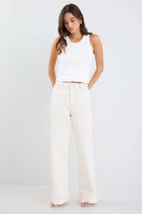 AMONG THE BRAVE ZOEY ECRU HIGH RISE WIDE LEG POCKET JEAN - ECRU