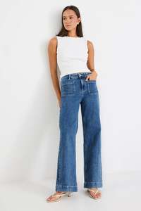 AMONG THE BRAVE ZOEY MINERAL BLUE HIGH RISE WIDE LEG POCKET JEAN