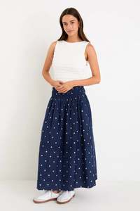 Vogue Skirts: STORIES BE TOLD WANDERLUST NAVY POLKA DOT SHIRRED WAIST MAXI SKIRT