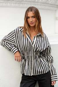 Womens Must Haves: STORIES BE TOLD COMPOSITE BLACK BONE STRIPE SHIRRED BODY SHIRT