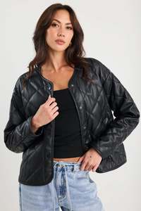 Womens Must Haves: STORIES BE TOLD APEX BLACK PU LEATHER COLLARLESS QUILTED PUFFER JACKET