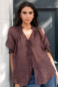 Womens Must Haves: AMONG THE BRAVE PROSPECT CHOCOLATE TIE FRONT MID SLEEVE TOP