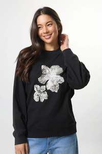 Womens Hoods Sweats: STELLA + GEMMA ESSENTIAL SWEAT - BLACK COCOA BLOOMS