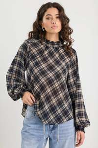 AMONG THE BRAVE EMBRACE BLACK CHECK CHIFFON SHIRRED NECK LS TOP