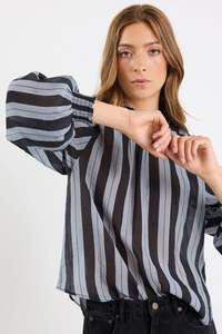 Vogue Tops: AMONG THE BRAVE EMBRACE GREY STRIPE SHIRRED NECK L/S TOP