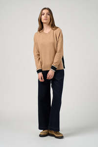 Vogue Cardigans Sweaters: MADLY SWEETLY COLLEGE SWEATER - CAMEL/BLACK