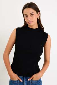 AMONG THE BRAVE HEROIC BLACK SLEEVELESS FUNNEL NECK RIB KNIT TOP