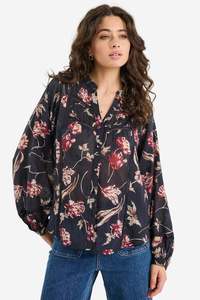 Vogue Tops: IVY + JACK INSTRUMENTAL BLACK WILDFLOWERS LACE INSERT PINTUCK LONG SLEEVE SHIRT