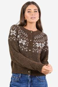AMONG THE BRAVE SHETLAND CHOCOLATE FAIRISLE DETAIL CARDIGAN
