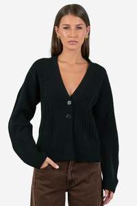 Vogue Cardigans Sweaters: AMONG THE BRAVE BESPOKE BLACK V NECK CINCHED CARDIGAN