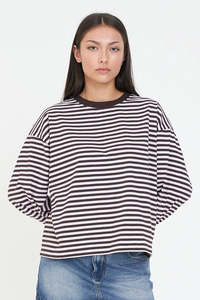 HUFFER ALEX STRIPE BILLIE LS TEE - PETAL/COCOA