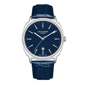 Womens Watches: Lee Cooper Date Window Navy Blue Dial and Genuine Leather Silver Watch - LC08248.399