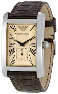 Emporio Armani: Emporio Armani Classic Rectangular Brown Genuine Leather Men's Watch - AR0154