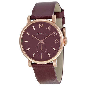Marc By Marc Jacobs: Marc By Marc Jacobs Baker Maroon Dial Rose Gold Tone Leather Watch MBM1267