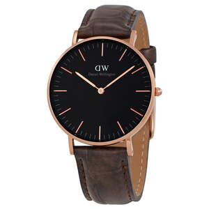 Daniel Wellington Watches: Daniel Wellington York 36mm Black Dial Genuine Leather Rose Gold Watch - DW00100140