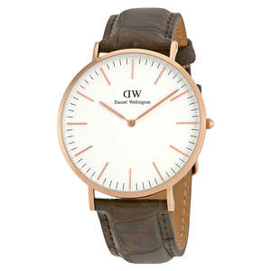 Daniel Wellington Watches: Daniel Wellington York 40mm White Dial Dark Brown Genuine Leather Gold Men's Watch - DW00100011