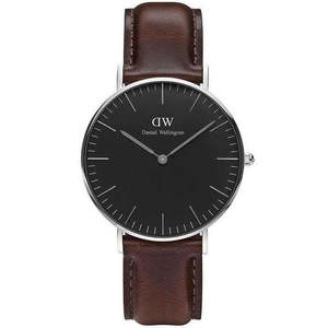 Daniel Wellington Womens Watches: Daniel Wellington Bristol 36mm Black Dial Dark Brown Genuine Leather Silver Watch - DW00100143