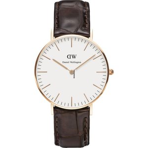 Daniel Wellington Womens Watches: Daniel Wellington Classic York 36mm White Dial Dark Brown Genuine Leather Gold Watch - DW00100038