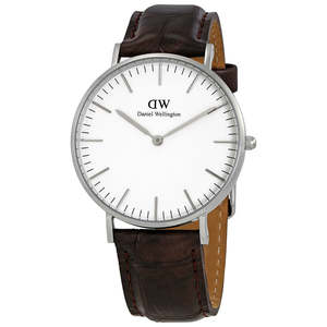 Daniel Wellington Womens Watches: Daniel Wellington York 36mm White Dial Black Genuine Leather Silver Watch - DW00100055