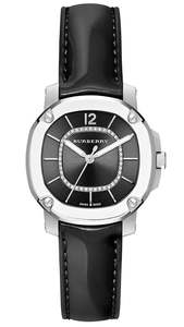 Burberry Womens Watches: Burberry The Britain Diamond Inner Track Black Dial Black Leather Strap BBY1809