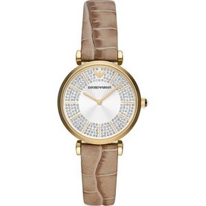 Emporio Armani Womens Watches: Emporio Armani Gianni T-Bar Pave Dial Brown Genuine Leather Women's Watch - AR11518