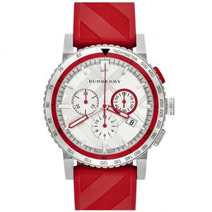 Burberry Mens Watches: Burberry City Sport Chronograph White Dial Red Rubber Strap Watch For Men - BU9809