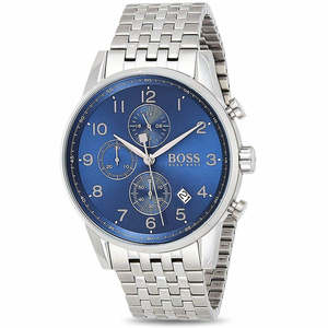 Mens Watches: Hugo Boss Navigator Chronograph Blue Dial Silver Steel Strap Watch for Men - 1513498