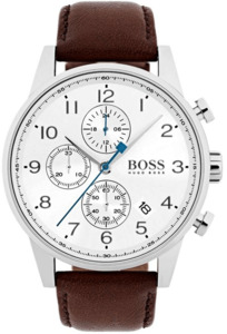 Hugo Boss Navigator Chronograph White Dial Brown Leather Strap Watch for Men - 1513495