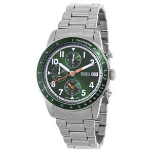 Fossil Sport Tourer Chronograph Green Dial Silver Steel Strap Watch for Men - FS6048