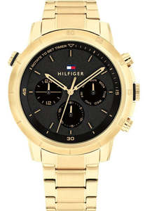 Best Sellers: Tommy Hilfiger Troy Chronograph Black Dial Gold Steel Strap Watch For Men - 1792109