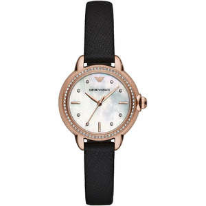 Emporio Armani Rosa MOP Dial Black Genuine Leather Women's Watch - AR11598