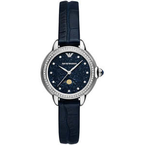 Emporio Armani Moonphase Blue Navy Blue Gnuine Leather Women's Watch - AR11629