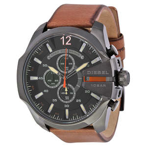 Diesel: Diesel Mega Chief Black Dial Brown Leather Men's Quartz Watch DZ4343