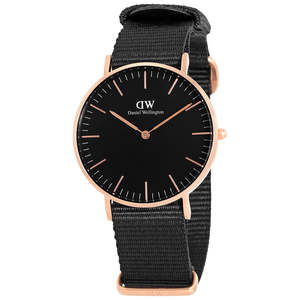 Daniel Wellington Womens Watches: Daniel Wellington Cornwall 36mm Black Dial Black Nato Strap Gold Watch - DW00100150