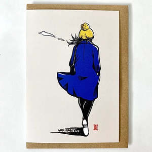 Coolest Capital: Windy Welly Girl, Blue Coat - Greeting Card