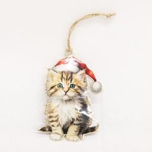 Christmas: Vintage Tin Kitty with Santa Hat Christmas Decoration