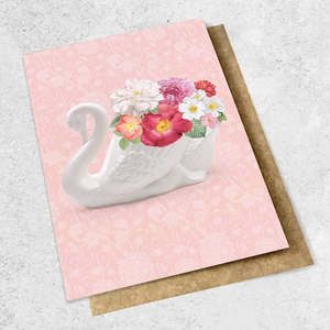 Crown Lynn Swan with Flowers - Greeting Card