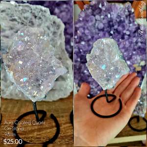 Amethyst Caves: Aura Coated Quartz On Stand