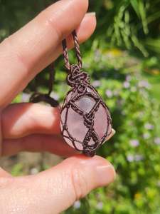 Crystal Jewelry: Rose Quartz Droplet Wrapped in Dark Mocca