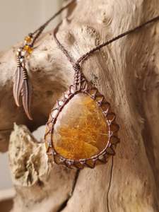 Crystal Jewelry: Golden Healer with Rutile Wrapped in Dark Mocca
