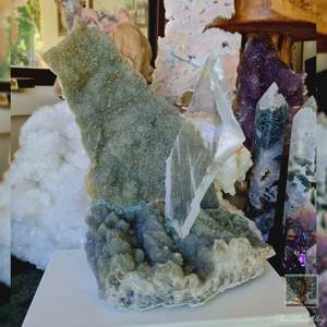 Green Amethyst Flower with Mounted Selenite Slab 2.32g