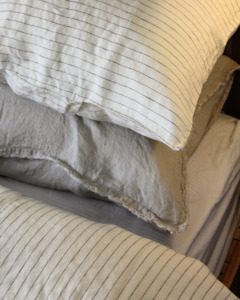 Bedding: LE LIN OLIVE PINSTRIPE DUVET