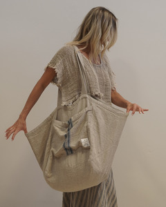 Accessories: PURO LINEN TOTE BAG - BLUE STRIPES