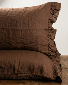Bedding: LE LIN STD PILLOWCASE SET RUFFLE - CHOCOLATE