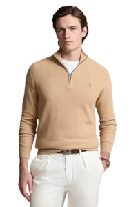 Mesh-Knit Cotton Quarter-Zip Sweater - Camel Melange
