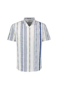 Shirt Short Sleeve Revers Collar Slub Allover Print - Indigo Blue