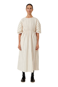Womens Fashion Dresses: Ellora Dress - Greige Pinstripe