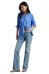 Womens Fashion Shirts Blouses: Classic Fit Linen Shirt - Bright Blue