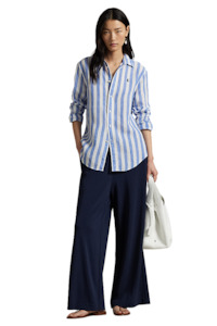 Womens Fashion Shirts Blouses: Classic Fit Striped Linen Shirt
