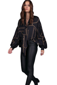 Studio Print Neck Tie Top - Black/Taupe